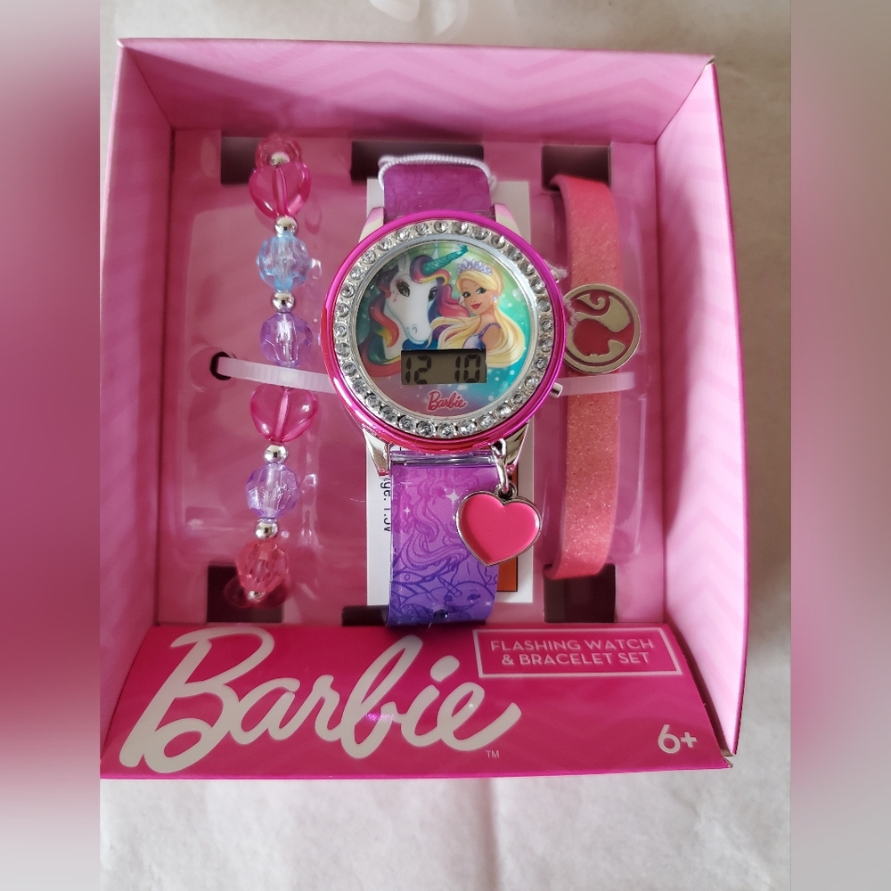 Mattel Barbie Girls Flashing LCD Pink Ombre Silicone Watch & Matching Bracelets